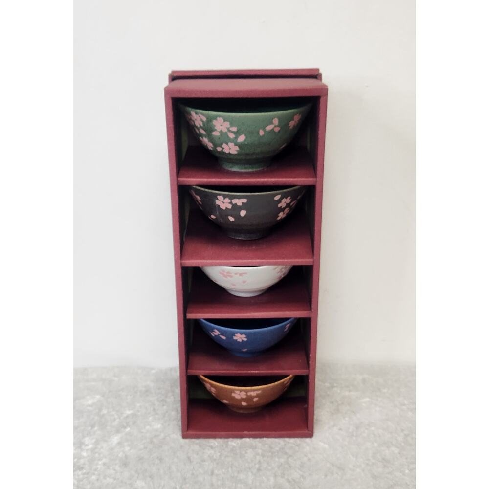 NIB KAFUH Japan Porcelain Sakura Cherry Blossom Rice Bowl-Set of 5
